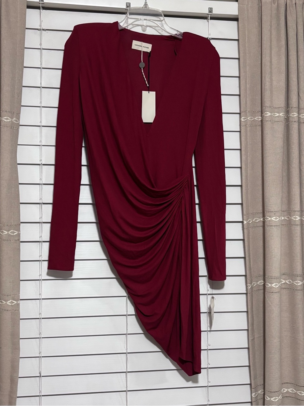 Alexandre Vauthier Asymmetric Draped Long-Sleeve Dress in Wine Red
